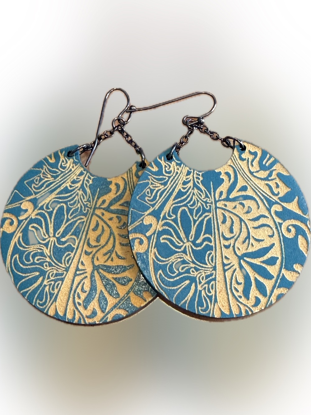Blue Engraved Floral Pattern Wood Drop Boho Earrings